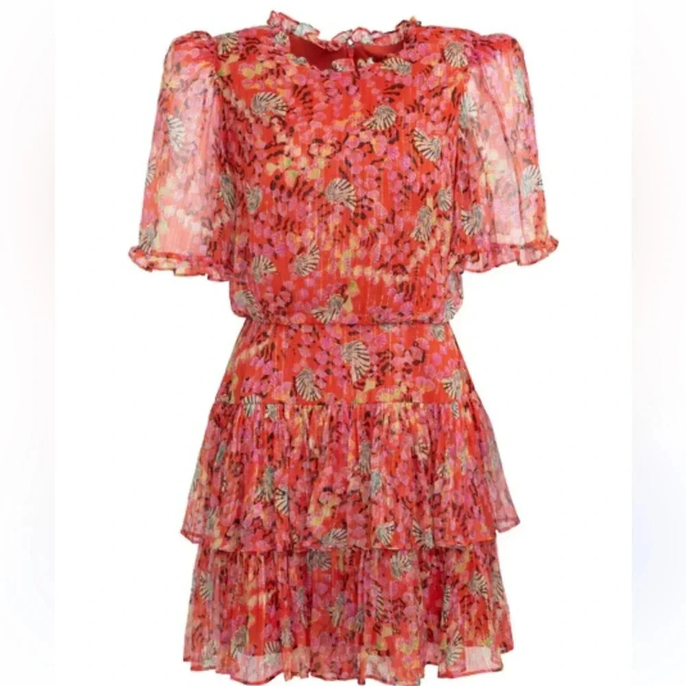 Saloni Ava D Dress Short Sleeve Red Floral Dress Gold Sparkle Ruffle Skirt 12